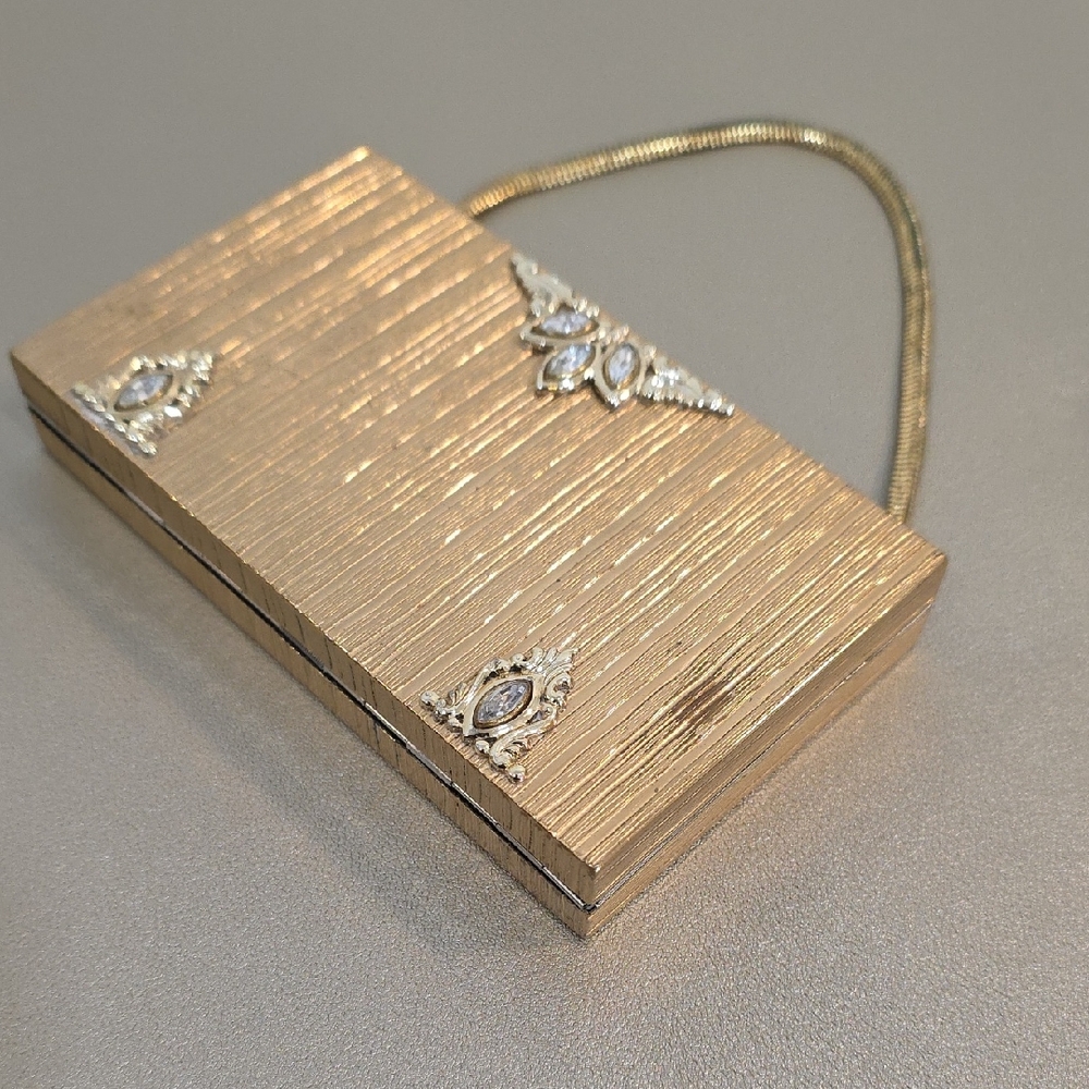 Vintage Evans Marquise Rhinestone Gold Art Deco Minaudiere Cigarette Case Compac